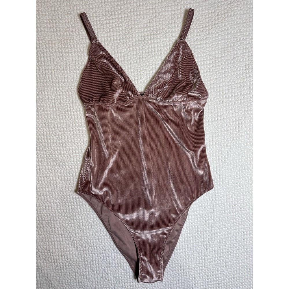 Out From Under Urban Outfitters Velvet Ribbed Bodysuit Rose Pink V Neck Sz S